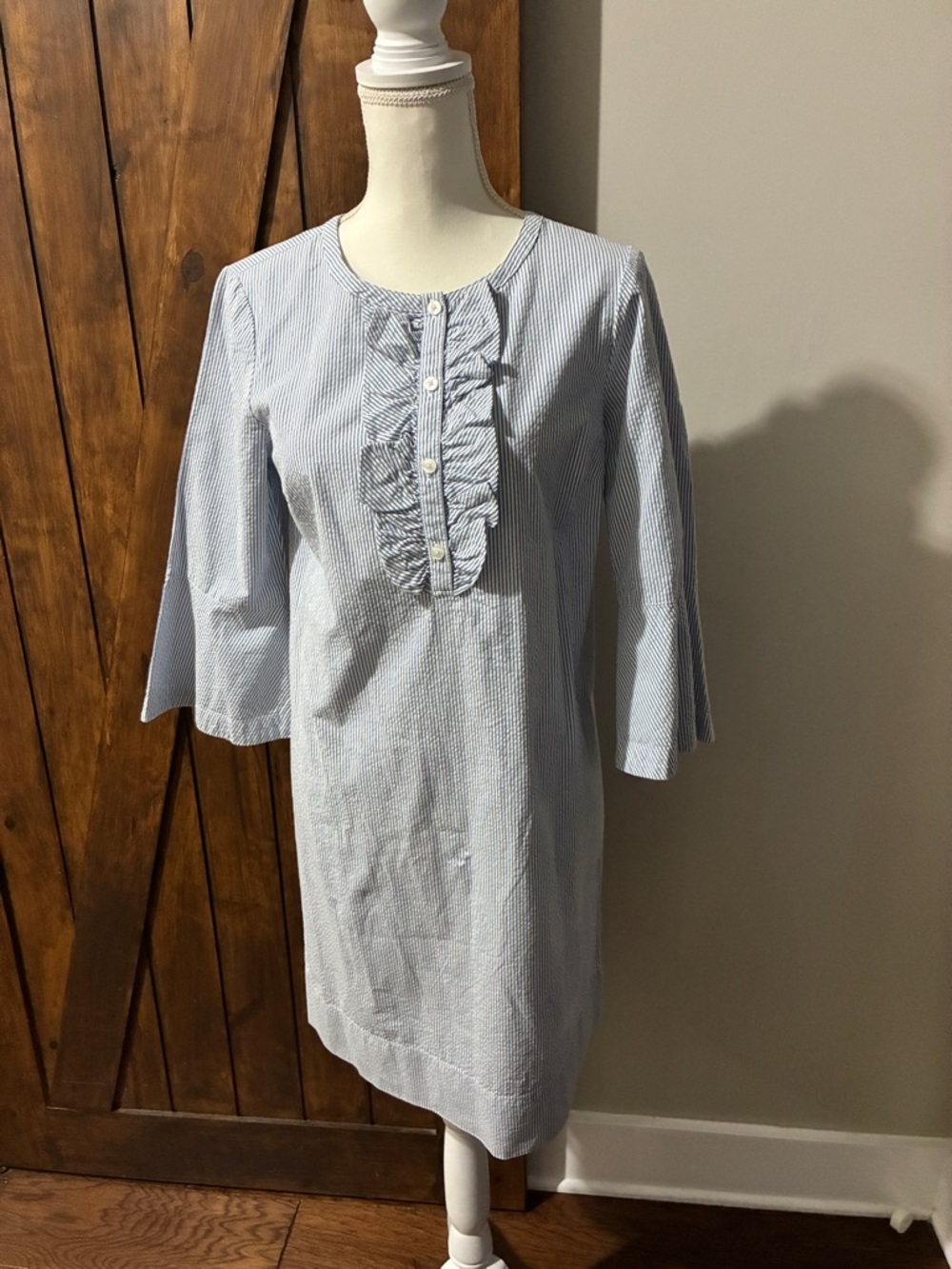 Draper James Light Blue and White Striped Ruffle Midi Dress